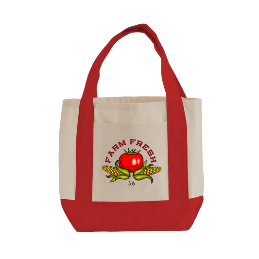 Fresh Farm - Mini Shopping Canvas Tote Bag - Natural/Red
